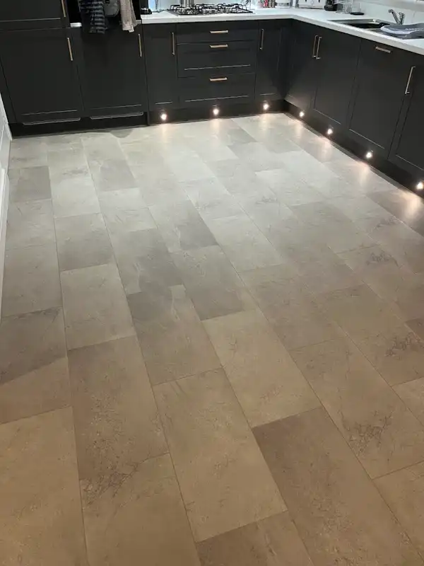 Finished floor installation in a kitchen