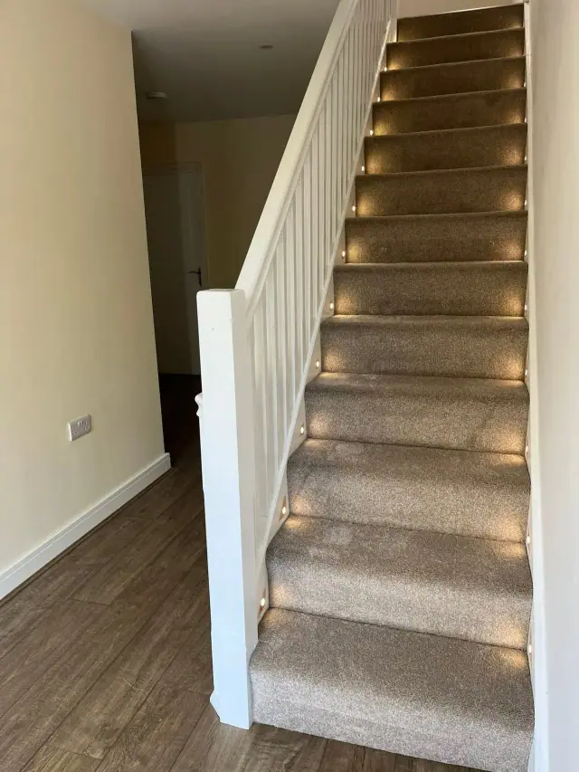 Carpeted stairs with feature lighting
